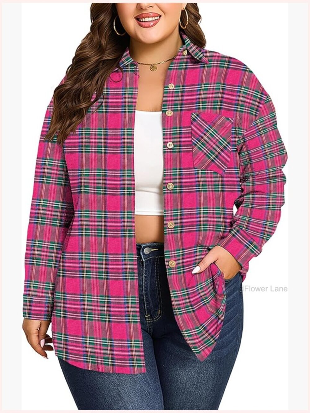 Plus Size Flannel Plaid Long Sleeve Button Down Shirt